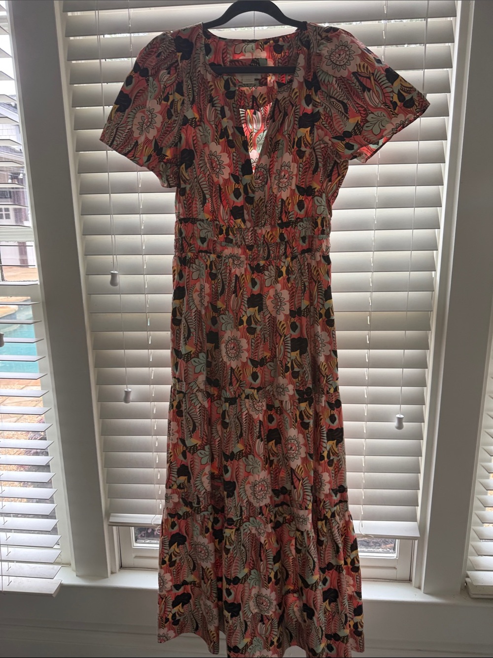 Maeve Pink Floral V-Neck Tiered Maxi Dress with Black Accents